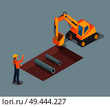 Bulldozer and worker, wearing yellow helmet, poster with bulldozer and worker, working tasks and building, banner vector illustration isolated on grey. Bulldozer Worker with Helmet Vector Illustration. Стоковая иллюстрация, агентство Ingram Publishing / Фотобанк Лори
