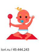 Little blond newborn baby with blue pacifier and pink rattle sits on soft square rug isolated cartoon flat vector illustration on white background.. Little Baby with Pacifier and Rattle Sits on Rug. Стоковая иллюстрация, агентство Ingram Publishing / Фотобанк Лори