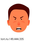 Irritated facial expression of man in flat icon on white background. Wicked and discontented look of brunette boy. Vector illustration of character and face emotions in cartoon style flat design.. Irritated Facial Expression of Little Caddy Icon. Стоковая иллюстрация, агентство Ingram Publishing / Фотобанк Лори