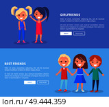 Best friends two girls and boys poster of active kids vector illustration banners set. Male and female happy infants holding hands with place for text. Best Friends Boys Girls Poster of Active Kids. Стоковая иллюстрация, агентство Ingram Publishing / Фотобанк Лори