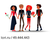 Happy couples in love, pairs of boys and girls lovers, woman holding flower gifts in hands vector illustration isolated on Valentines Day concept. Happy Couples in Love, Pairs of Boys Girls Lovers. Стоковая иллюстрация, агентство Ingram Publishing / Фотобанк Лори