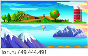 Vegetable farm and arctic wild nature landscapes. Rural farm with granary, garden and good harvest on field flat vector. Striped balloon flying under iceberg in northern sea horizontal illustration. Vegetable Farm and Arctic Nature Vector Landscapes. Стоковая иллюстрация, агентство Ingram Publishing / Фотобанк Лори