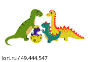 Dinosaurs collection and egg with new generation of dinosaur offspring of spiked creatures characters vector illustration isolated on white background. Dinosaurs Collection and Egg Vector Illustration. Стоковая иллюстрация, агентство Ingram Publishing / Фотобанк Лори