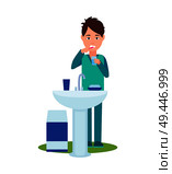 Man brushing teeth, poster with male caring for body, sink with taps and soap with cup of water, bin at floor vector illustration isolated on white. Man Brushing Teeth Poster Vector Illustration. Стоковая иллюстрация, агентство Ingram Publishing / Фотобанк Лори