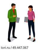 Man in green jacket, jeans with laptop in glasses and faceless woman with notebook vector isolated on white. Student or college cartoon characters. Man and Woman with Laptops Cartoon Characters. Стоковая иллюстрация, агентство Ingram Publishing / Фотобанк Лори