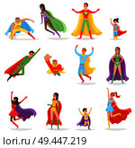 Superheroes in bright suits and long cloaks set. Women and men with superpowers in heroic poses. Modern superheroes isolated vector illustrations.. Superheroes in Bright Suits and Long CLoaks Set. Стоковая иллюстрация, агентство Ingram Publishing / Фотобанк Лори