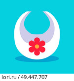 Bib with image of flower protection of clothes of child from food, meal and drinks, items for children vector illustration isolated on blue background. Bib with Image of Flower, Vector Illustration. Стоковая иллюстрация, агентство Ingram Publishing / Фотобанк Лори