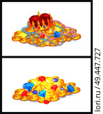 Gold ancient royal treasures in big heaps set. Luxurious king crown, precious jewelry and expensive gems. Mysterious treasure vector illustrations.. Gold Ancient Royal Treasures in Big Heaps Set. Стоковая иллюстрация, агентство Ingram Publishing / Фотобанк Лори
