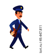 Postman cartoon character in blue uniform delivering mail flat vector illustration isolated on white background. Walking mailman with mailbag icon. Mustached postal courier carries correspondence . Postman Delivering Mail Isolated Cartoon Vector . Стоковая иллюстрация, агентство Ingram Publishing / Фотобанк Лори