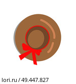 Icon of woman’s headgear item. Vector illustration of light brown sun protection hat with red bow isolated on white background. Icon of Female Sun Hat Item with Bonnet. Стоковая иллюстрация, агентство Ingram Publishing / Фотобанк Лори