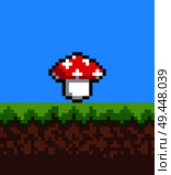 Pixel mushroom on cute 2d meadow, vector banner, square grass and soil, bright blue sky, illustration with pixel amanita with red cap, white spots. Pixel Mushroom on Cute 2d Meadow, Vector Banner. Стоковая иллюстрация, агентство Ingram Publishing / Фотобанк Лори