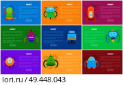 Robot web pages collection with robots and text sample, headlines and buttons, types of mechanisms, vector illustration, isolated on multicolored. Robot Web Pages Collection Vector Illustration. Стоковая иллюстрация, агентство Ingram Publishing / Фотобанк Лори