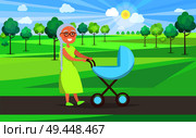 Senior lady with blue trolley pram walking in city park taking care about newborn boy on background of green trees in park vector illustration. Senior Lady with Trolley Pram Walking in City Park. Стоковая иллюстрация, агентство Ingram Publishing / Фотобанк Лори