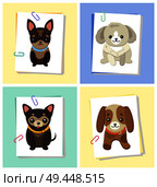 Puppies and dogs poster set, collection of pets pictures, creatures of different breeds and colors, isolated on vector illustration. Dog on a piece of paper clamped with a paper clip. Puppies and Dogs Poster Set Vector Illustration. Стоковая иллюстрация, агентство Ingram Publishing / Фотобанк Лори