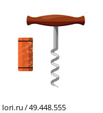 Corkscrew and cork vector illustration isolated on white background. Bottle opener and wooden cork, steel spiral corkscrew with handle design. Corkscrew and Cork Vector Illustration Isolated. Стоковая иллюстрация, агентство Ingram Publishing / Фотобанк Лори