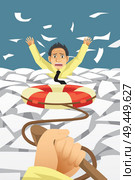 A vector illustration of businessman drowning in a paperwork given help. Стоковая иллюстрация, агентство Ingram Publishing / Фотобанк Лори