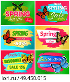 Best spring big sale banners with headlines in ribbons, butterflies types, spring sale and discount vector illustration isolated on green background. Best Spring Big Sale Banners Vector Illustration. Стоковая иллюстрация, агентство Ingram Publishing / Фотобанк Лори