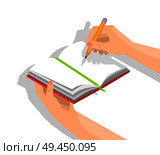 Closeup of notebook with blank pages being held in left hand along with graphite pencil in right one isolated vector illustration on white background. Human Hands and Notebook Isolated Illustration. Стоковая иллюстрация, агентство Ingram Publishing / Фотобанк Лори