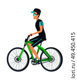 Cheerful biker on green vehicle isolated on white background, vector illustration with cute bike, bright glasses, cap with blue visor, grey chain. Cheerful Biker on Green Vehicle Isolated on White. Стоковая иллюстрация, агентство Ingram Publishing / Фотобанк Лори