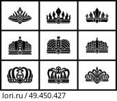 Kings and queens monochrome crowns set inlaid with gems. Colorless heraldic crowns of standard and unusual design precious stones vector illustration. Kings and Queens Monochrome Crowns Icon Collection. Стоковая иллюстрация, агентство Ingram Publishing / Фотобанк Лори