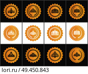 Gold royal quality approval marks with crowns set. Golden shiny seals with heraldic. Crowns and laurel branches approval marks vector illustrations.. Gold Royal Quality Approval Marks with Crowns Set. Стоковая иллюстрация, агентство Ingram Publishing / Фотобанк Лори