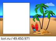 Palm trees with surfing boards in sand on beach near white empty poster for writings. Vector colorful illustration with relaxation template. Palm Trees with Surfing Boards near White Poster. Стоковая иллюстрация, агентство Ingram Publishing / Фотобанк Лори