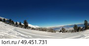Snow mountains landscape panorama in bulgarian ski resort Bansko, clear blue sky and fir forest. Стоковое фото, агентство Ingram Publishing / Фотобанк Лори