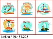 Sea adventure and summer collection of banners and headlines, scuba diving and boating, surfing and sea adventure of summer set vector illustration. Sea Adventure and Summer Set Vector Illustration. Стоковая иллюстрация, агентство Ingram Publishing / Фотобанк Лори