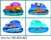 Human summer activities set collection of sports boating and banana boat, jet ski and swimming vector illustration isolated on white background. Human Summer Activities Set Vector Illustration. Стоковая иллюстрация, агентство Ingram Publishing / Фотобанк Лори
