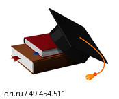 Square academic hat with tassel on pile of books vector illustrations isolated on white. Mortarboard cup symbol of wisdom in flat style. Square Academic Hat with Tassel on Pile of Books. Стоковая иллюстрация, агентство Ingram Publishing / Фотобанк Лори