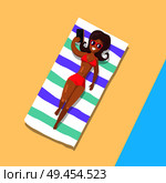 Poster depicting sea and beach. Vector illustration of smiling woman wearing swimming suit, sunbathing at seaside with mobile phone in her right hand. Poster Depicting Tanned Woman Lying in Sun. Стоковая иллюстрация, агентство Ingram Publishing / Фотобанк Лори