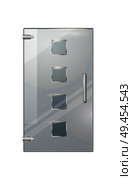 Clear glass door isolated with four glassy squares, handle and two hinges on white background. Vector illustration of entrance element with decor for commercial buildings. Glass Door with Squares on Transparent Background. Стоковая иллюстрация, агентство Ingram Publishing / Фотобанк Лори