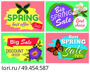 Spring best offer banners set of posters with flowers and butterflies, spring offer and best choice set of banners isolated on vector illustration. Spring Best Offer Banners Set Vector Illustration. Стоковая иллюстрация, агентство Ingram Publishing / Фотобанк Лори