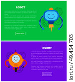 Robot illustrations, two colorful vector banners, lilac and green backdrops, gears group, orange round droid on one wheel, flying cyborg, push buttons. Robot Illustrations, Two Colorful Vector Banners. Стоковая иллюстрация, агентство Ingram Publishing / Фотобанк Лори