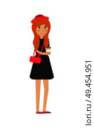 Girl holding plastic cup with hot coffee, female wearing black dress, modest lady hold bag and hat, vector illustration isolated on white background. Girl Holding Plastic Cup, Vector Illustration. Стоковая иллюстрация, агентство Ingram Publishing / Фотобанк Лори