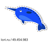 Cute funny blue whale with tusk or narwhal vector flat cartoon sticker or icon outlined with dotted line isolated on white. Northern aquatic mammal animal illustration for game counters, price tags. Cute Narwhal Cartoon Flat Vector Sticker or Icon. Стоковая иллюстрация, агентство Ingram Publishing / Фотобанк Лори