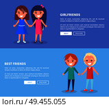 Best friends girlfriends and boyfriends posters of active kids vector set. Happy infants holding hands with place for text on blue web banner. Best Friend Girlfriends and Boyfriends Posters Set. Стоковая иллюстрация, агентство Ingram Publishing / Фотобанк Лори