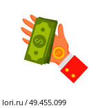 Hand of businessman and money coin and banknotes of dollars on male arm wearing on red suit, formal wear and finances isolated on vector illustration. Hand of Businessman and Money Vector Illustration. Стоковая иллюстрация, агентство Ingram Publishing / Фотобанк Лори