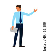 Startup poster with male businessman in ties with paper lists, pointing on something by hand vector illustration of person in cartoon style office worker. Startup Poster with Male Businessman in Ties Paper. Стоковая иллюстрация, агентство Ingram Publishing / Фотобанк Лори