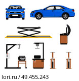 Set of tools for car repairing and blue sedan, vector illustration isolated on white crane machine in auto servicing, disks or wheel fitting rigs. Set of Tools for Car Repairing and Blue Sedan. Стоковая иллюстрация, агентство Ingram Publishing / Фотобанк Лори