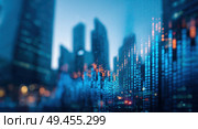 A city skyline is shown in blue and orange with a lot of lines. Стоковое AI-изображение, AI-художник Ярославский Максим / Фотобанк Лори
