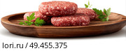 Three hamburgers on a wooden plate with parsley. Стоковое AI-изображение, AI-художник Ярославский Максим / Фотобанк Лори