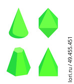Green isolated prisms set on white background, vector illustration with cone, blunted hexagonal and square pyramids octahedron geometric figures. Green Isolated Prisms Set on White Background. Стоковая иллюстрация, агентство Ingram Publishing / Фотобанк Лори