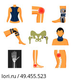 Orthopedics fixing tools and pain in bones image, color vector illustration with medical retainers on legs neck back, different human s skeleton parts. Orthopedics Fixing Tools and Pain in Bones Image. Стоковая иллюстрация, агентство Ingram Publishing / Фотобанк Лори