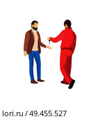Mechanic in red overalls giving key from vehicle colorful vector illustration isolated on white background, bearded owner of car dressed brown jacket. Mechanic in Red Overalls Giving Key from Vehicle. Стоковая иллюстрация, агентство Ingram Publishing / Фотобанк Лори
