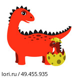 Prehistoric creature, and egg with newborn kid dinosaur, spiked dino type with sharp teeth, vector illustration, isolated on white background. Prehistoric Creature and Egg Vector Illustration. Стоковая иллюстрация, агентство Ingram Publishing / Фотобанк Лори