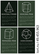 Hexagonal pyramid and prism, dodecahedron drawings, pentagonal, geometric figures banner, polygonal collection, text sample, dotted line. Hexagonal Pyramid and Prism, Dodecahedron Drawings. Стоковая иллюстрация, агентство Ingram Publishing / Фотобанк Лори