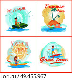 Sweet summer time, wonderful collection of banners and titles, jet ski and swimming, boating and surfing vector illustration isolated on white. Sweet Summer Time Collection Vector Illustration. Стоковая иллюстрация, агентство Ingram Publishing / Фотобанк Лори