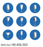 Set of empty glasses in round circles icons, elegant glassware items for cocktails and classical drinks, stemware collection vector isolated on white. Set of Empty Glasses in Circles, Elegant Glassware. Стоковая иллюстрация, агентство Ingram Publishing / Фотобанк Лори