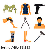 Orthopedic instruments with equipment for recovery. Special corsets, solid fixators, injured body parts and tools for surgery vector illustrations.. Orthopedic Instruments and Equipment for Recovery. Стоковая иллюстрация, агентство Ingram Publishing / Фотобанк Лори